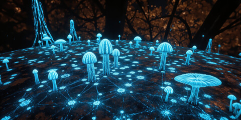 Wild Forest Mushroom Network Specialized infrared visualization of underground mycelium creating abstract communication web in trending biological research palette without