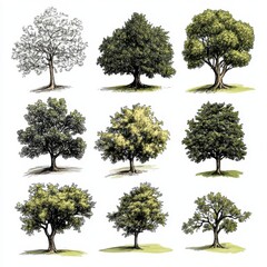 Collection of Hand-Drawn Architectural Trees: Sketches of Nature's Silhouettes on a White Background with Green Leaves and Oak Branches