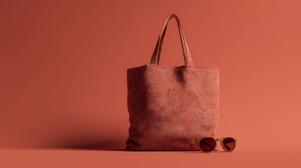 Stylish red tote bag and sunglasses on orange background