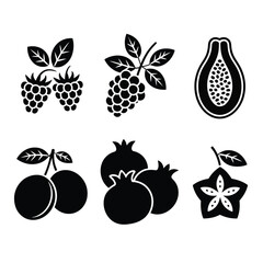 Black and White Vector Illustration of Various Fruits with Leaves