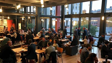 Cafeteria transforms into a vibrant hub for after hours socializing and networking during evening gatherings in a spacious, well-lit environment