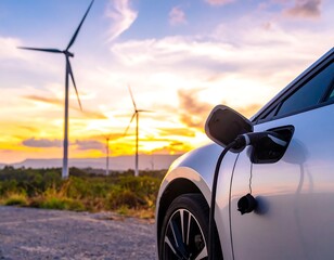 EV charging sunset with wind farm.