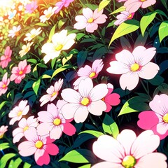 colorful vibrant flowers in anime style