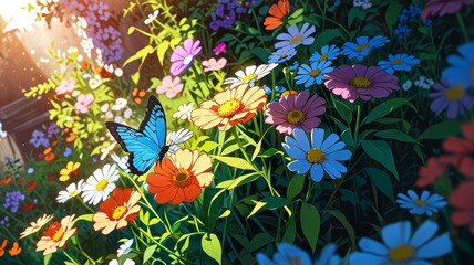 colorful vibrant flowers in anime style