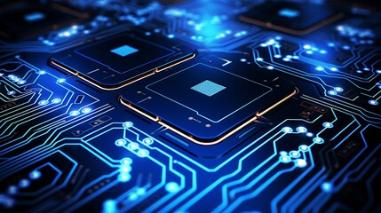 Deep sapphire blue circuit patterns glowing against a black background, with intricate details and soft lighting.