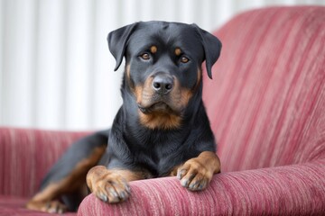 Fototapeta premium Rottweiler dog relaxing on red sofa with alert expression