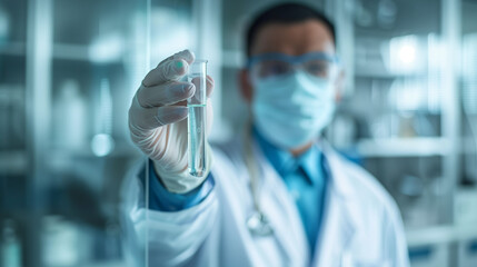 Close-Up of Focused Doctor Holding Medical Test Tube in Blurred Laboratory Setting, Representing Early Disease Detection and Preventive Healthcare