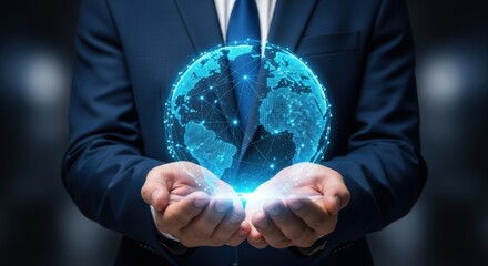 Businessman holding digital globe in hands representing global business and technology concept