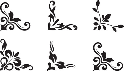 Set of vintage floral corner ornaments. Elegant baroque frame decorations in black vector for invitations, borders, design, and decor art	
