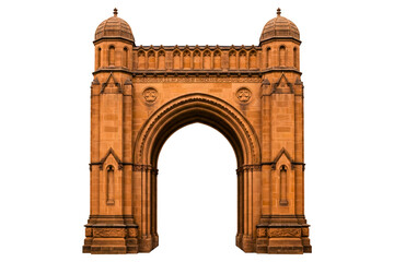 Ornate brown stone archway with two towers isolated on a transparent background