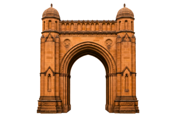 Ornate brown stone archway with two towers isolated on a transparent background