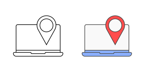 IT asset tracking icon with laptop and location pin, in outline and color styles, ideal for illustrating hardware monitoring, device inventory management, and real-time IT asset location tracking.