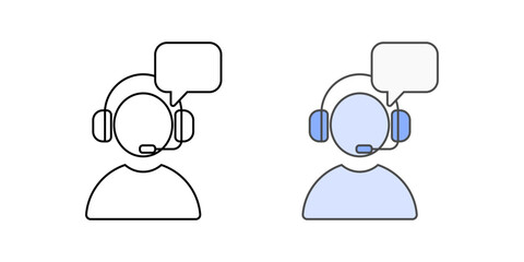 IT support agent avatar icon with headset and chat bubble, in outline and color styles, ideal for illustrating tech support personnel, IT helpdesk contact, and employee assistance services.