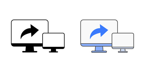 Screen sharing session icon with monitor, arrow, and second screen, in outline and color styles, ideal for illustrating remote IT assistance, collaborative troubleshooting, and live desktop sharing