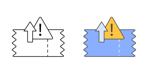 Tech issue escalation icon with exclamation mark, upward arrow, and ticket, in outline and color styles, perfect for illustrating IT support escalation, urgent issue reporting.