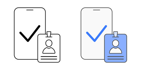 Mobile device enrollment icon with smartphone, check mark, and ID badge, in outline and color styles, ideal for illustrating employee device registration, mobile onboarding, and secure IT enrollment