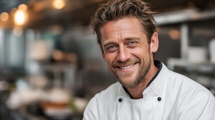 Obraz premium Smiling caucasian male chef in professional kitchen
