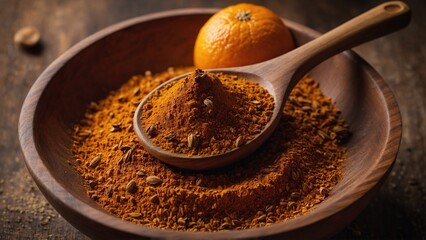Orange Spice Powder in Bowl with Wooden Spoon