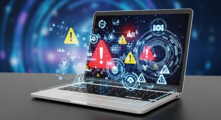 Laptop screen displaying warning signs and data visualizations against a blue background glow effect