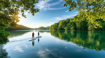 Two people on paddleboards are seen from a distance, enjoying a calm lake surrounded by lush green forested hills under a clear blue sky with sunlight.
