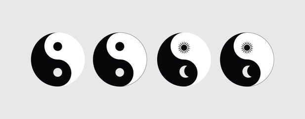 Fototapeta premium Celestial Yin Yang Icon Symbol Set – Sun & Moon Balance Black & White Vector Pack. 