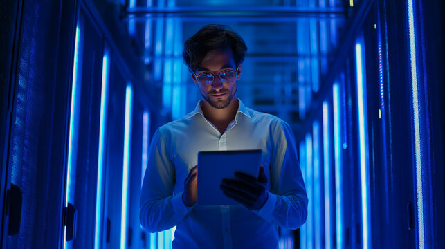 A young man is intensely focused on a tablet while standing in a server room bathed in futuristic blue light.
