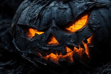 Eerie Black Pumpkin: Illuminated Jack O Lantern with Sinister Glow on Dark Backdrop for a Spooky Halloween Celebration