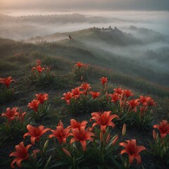 Red bird with red lilies on a hill with morning fog