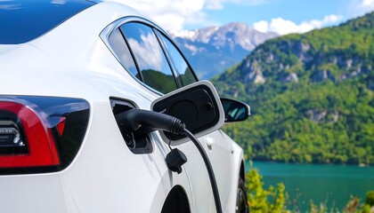 EV charging with scenic mountains.