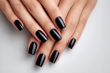 Elegant black manicure on caucasian female hands displaying stylish nail art
