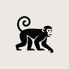 Obraz premium Black Silhouette of a Monkey Walking on a Light Gray Background Simple Minimalist Design Vector Illustration