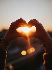 Silhouette of hands forming a heart shape against a glowing sunset, symbolizing love and warmth in natural light.