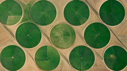 Aerial view of circular crop fields in a desert landscape.
