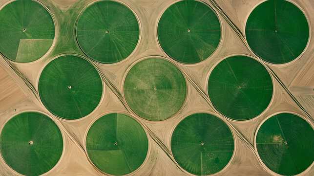 Aerial view of circular crop fields in a desert landscape.
