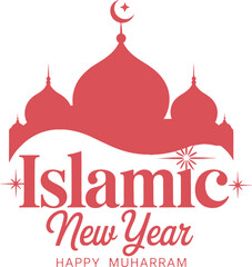Red islamic new year greeting card with mosque and crescent moon design