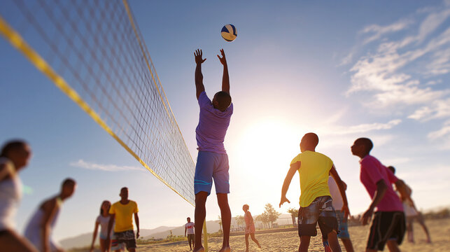 Group of people playing beach volleyball during sunset.
