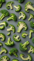 Naklejka premium Freshly cut broccoli florets arranged in a modern and artistic pattern on a gray surface