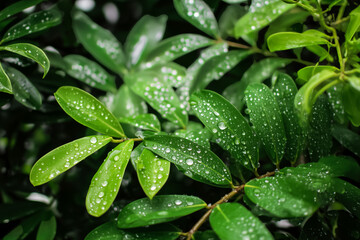 Fototapeta premium Bright young leaves with fresh rainfall droplets