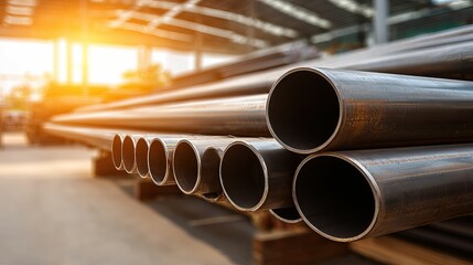 Stack of metal pipes arranged neatly with a soft-focus background