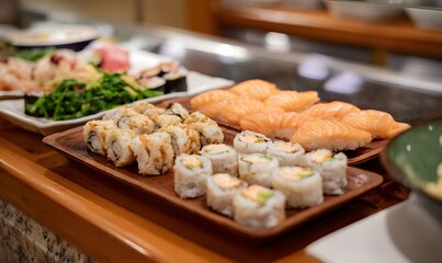 a photograph of a display of sushi, Generative AI