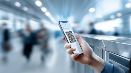 Close-up of a hand holding a smartphone with a digital boarding pass at the airport.