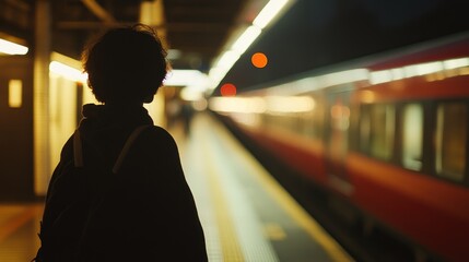 Obraz premium Silhouette of a child at a train station at night