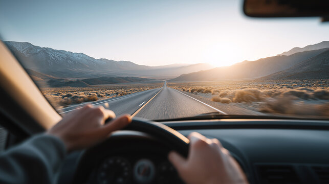 Point of view from a driver on a desert highway surrounded by mountains at sunset.
