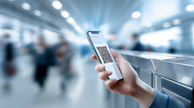 Close-up of a hand holding a smartphone with a digital boarding pass at the airport.
