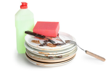 Many dirty dishes with cutlery, sponge and detergent isolated on white background