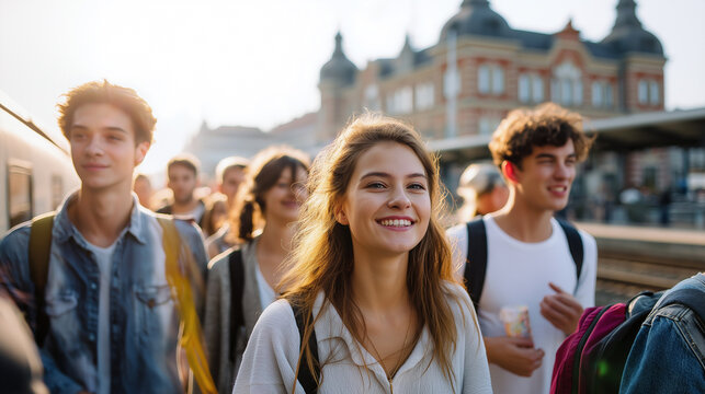 Group of happy young travelers with backpacks arriving at a train station.
