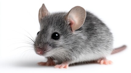 Close-up of a small gray mouse with pink ears and whiskers on white background