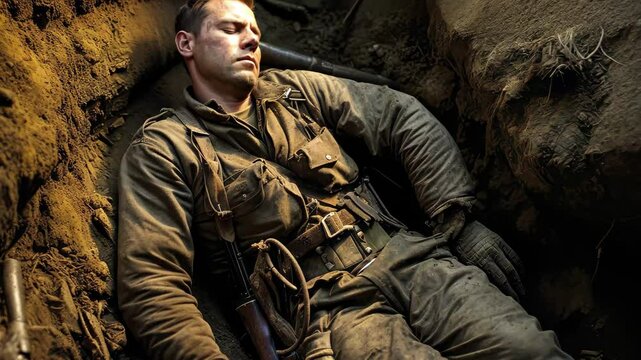 A weary soldier finds brief solace, drifting into sleep while resting in a foxhole amidst the turmoil of war during a tense and restless night on the battlefield