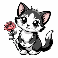cat and flower on white background