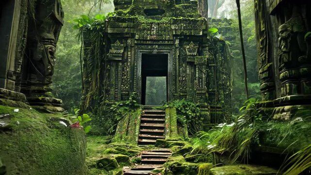 Discovering an ancient temple hidden within the lush jungle, surrounded by vibrant greenery and mysterious stone carvings that tell stories of a forgotten civilization